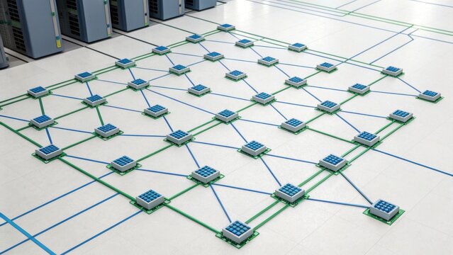 A geometric arrangement of interconnected servers, showcasing a complex network design on a clean, modern floor.