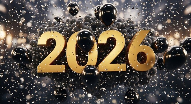Golden 2026 numbers with floating black spheres and confetti