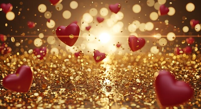 Golden glittering background with red hearts and bokeh lights - Powered by Adobe