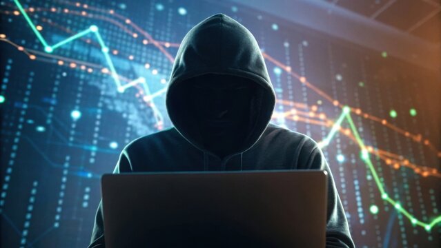 A shadowy figure in a hoodie works on a laptop, surrounded by digital graphs and data, suggesting themes of cybersecurity and hacking. - Powered by Adobe