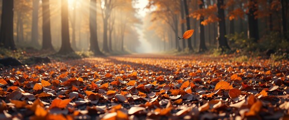 A tranquil autumn forest pathway covered with vibrant fallen leaves and soft light filtering