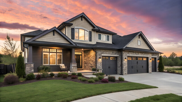 Luxury home during twilight golden hour with pink and purple sky and lush landscaping in Nebraska USA