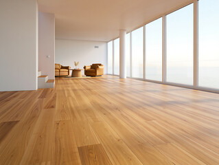 Modern living room with wooden floor and ocean view