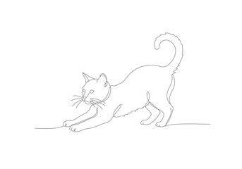 Elegant continuous line drawing of a stretching domestic cat, a minimalist artistic illustration capturing fluid motion and feline grace