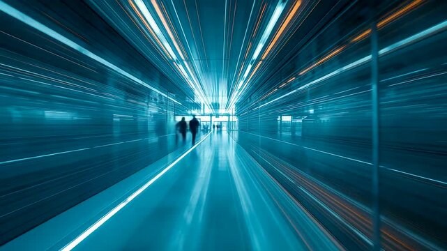 Two business people walking away through glowing blue modern tunnel with motion blur effect