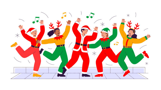 Christmas Cheer in Motion: A vibrant ensemble of individuals joyfully dances in festive costumes, embodying the spirited essence of Christmas and holiday