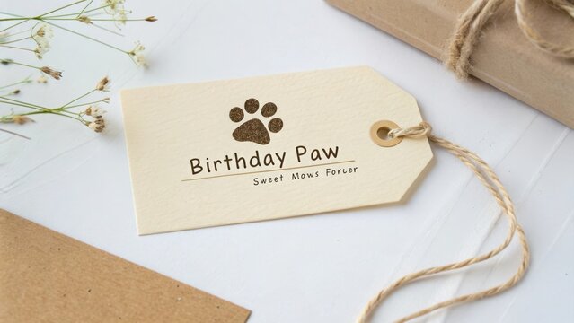 A stamped Birthday Paw gift tag in a subtle cream style