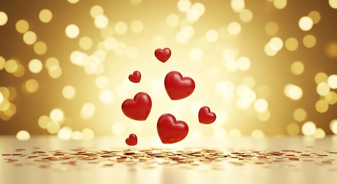 Floating red hearts above golden confetti with bokeh lights background
