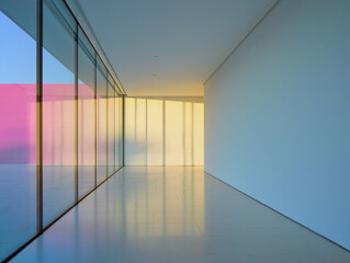 Modern minimalist hallway with colored light reflections
