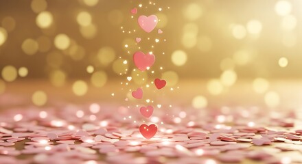 Falling pink hearts and golden bokeh lights creating a magical romantic background