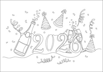 Elegant continuous line drawing of a 2024 New Year's party scene featuring festive celebratory details