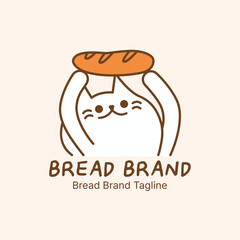 Adorable bakery logo featuring cute cat mascot holding fresh bread loaf. Hand-drawn illustration with warm colors for bakery branding and packaging design.