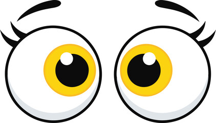 A pair of exaggerated, cartoon eyes with large white scleras, yellow irises, black pupils, long eyelashes, and arched eyebrows, looking towards the center.