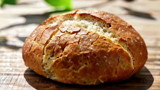 Delicious Crusty Bread Loaf on a Wooden Table with Natural Light.