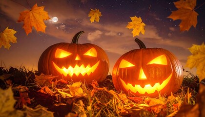Two carved pumpkins glow in a field, with leaves falling under a starry night sky and a bright moon