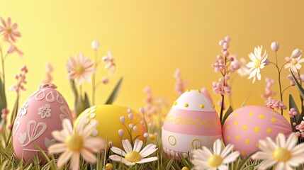 Delightful pastel Easter eggs nestled in a grassy meadow with delicate flowers, perfect for springtime celebrations and cheerful greetings with a warm sunny glow