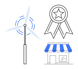 Wind turbine generating power, award ribbon symbolizing recognition, and storefront representing local business. Ideal for sustainability, achievement, energy, small business, innovation
