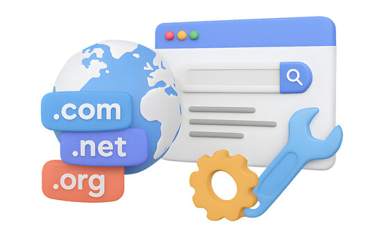 Domain name icons representing the digital world and online presence. 