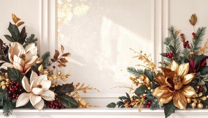 Lavish Christmas mantel decor with gilded magnolia flowers, pine branches, and red berries