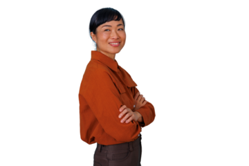 Asian businesswoman smiling with arms crossed, portraying confidence, professionalism, and empowerment on transparent background