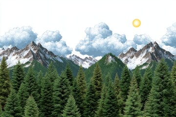 Majestic snow capped mountains rise above a dense evergreen forest under a cloudy sky