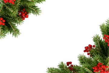 christmas frame with fir branches and red berries Isolated on white