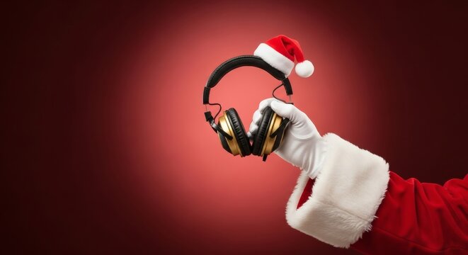 Santas Beats Gold headphones with a festive hat on a red backdrop.