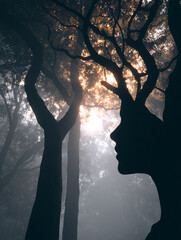 Mysterious Silhouette of A Woman's Face Integrated with Tree Branches in A Misty Forest Setting