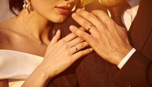 A romantic wedding portrait of a newly married couple standing together in an elegant, formal setting.