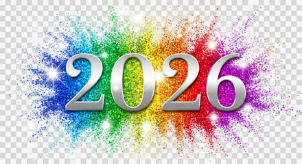 The vibrant burst of color fireworks display announcing the arrival of the New Year, the upcoming year is 2026 with a touch of elegance.  vector illustration