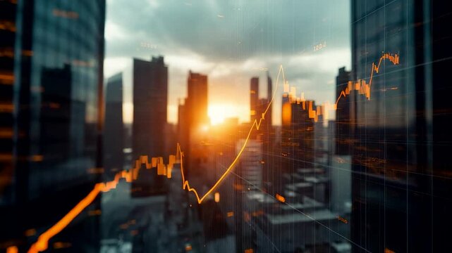 Rising golden stock market line chart overlay on modern city skyline at dramatic sunrise