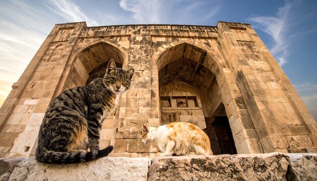 Two cats sit before an aged stone building with archways, set against a slightly cloudy sky at dusk