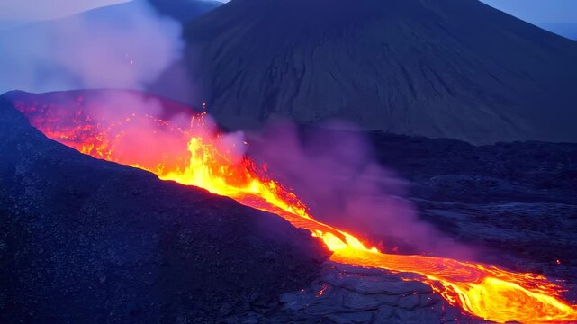 Dramatic Volcanic Eruption with Fiery Lava Flowing Down Mountain at Night.