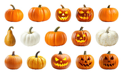 PNG Diverse pumpkins with carved faces, element set on transparent background