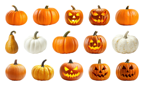 PNG Diverse pumpkins with carved faces, element set on transparent background