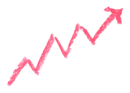 Hand-drawn red arrow showing investment or stock market growth, drawn with soft pastel, isolated on transparent background. Perfect for finance, business, and infographic design