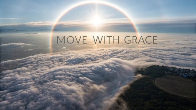 A sunlit halo forming over cloud formations with inspirational quote