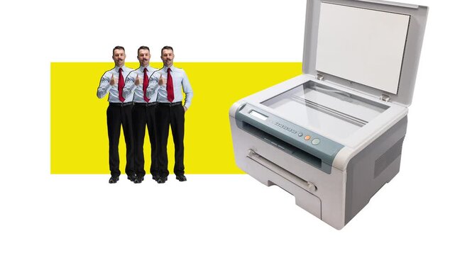 Modern ad video. Worker duplication with copier machine representing repetitive office routine. Concept of office monotony, lack of individuality, and career standardization in modern workplace.