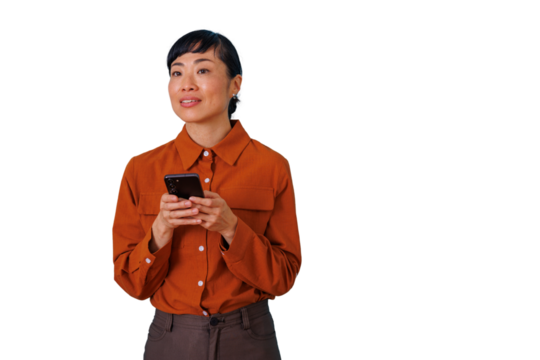 Asian woman holding smartphone, checking social media or remote working, standing with transparent background