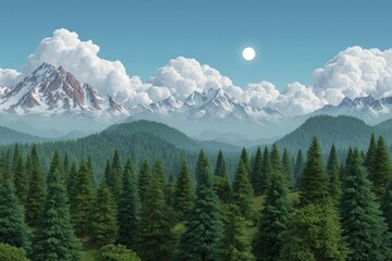 Majestic snow capped mountains towering over lush green pine forests under a bright sunny sky