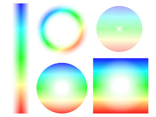 Set of Rainbow Halftone Dot Elements in Circle, Square, and Stripe Shapes on Transparent Background