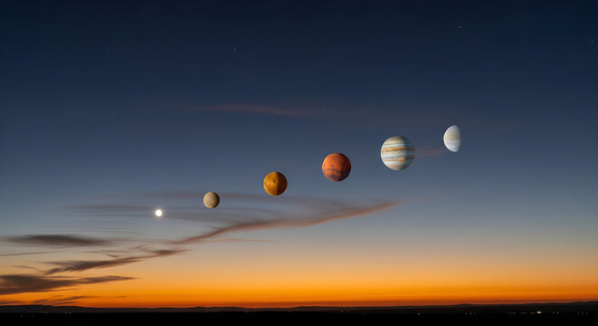 Stunning planetary alignment across a twilight sky, inspiring wonder and cosmic exploration for educational and scientific visuals.