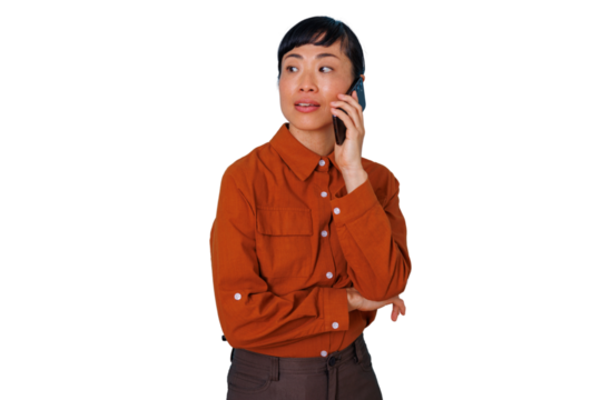 Asian woman talking on phone with thoughtful expression, communicating and networking on transparent background