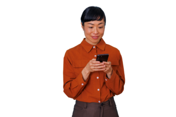 Asian woman texting on mobile phone, smiling, sending message, digital communication, connecting, social networking, transparent background