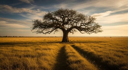 A solitary tree stands majestically in a vast golden field under a cloudy sky emphasizing nature's