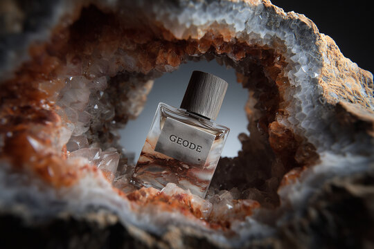 Geode-inspired perfume bottle in crystal cave. Mineral fragrance with earthy quartz textures.