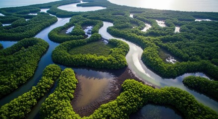 Aerial view of winding river through lush mangrove forest in a tropical region