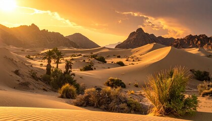 Breathtaking desert landscape featuring sand dunes, mountains and golden sunset ambiance