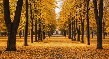 Captivating golden autumn park scene with symmetrical tree rows and fallen leaves creating a