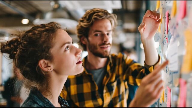 A male and female worker in their thirties are working together on an office wall with sticky notes.